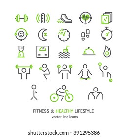 Vector outline icons set - sport, yoga, fitness and health made in trendy linear style isolated on white background.