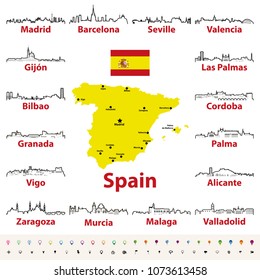 vector outline icons of Spain cities skylines with map and flag of Spain