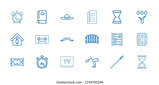Vector outline icons such as alarm, book, mustache, woman hat, man in home, fence, knee hammer reaction check. editable old icons for web and mobile.