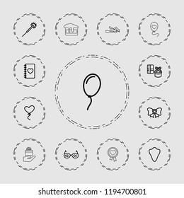 Vector outline icons such as animal fang, sparklers, gift, notebook with heart, heart balloons, bow. editable holiday icons for web and mobile.