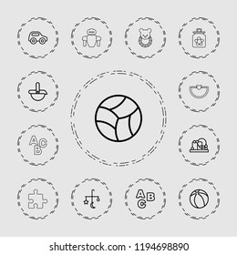 Vector outline icons such as bed mobile, abc, beach ball, robot. editable toy icons for web and mobile.
