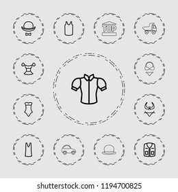 Vector outline icons such as bikini, singlet, blouse, swimsuit, sleeveless shirt, hat and moustache, toy car. editable top icons for web and mobile.
