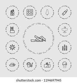 Vector outline icons such as boat, bucket toy for beach, from toy for beach, candle heart, firework. editable holiday icons for web and mobile.