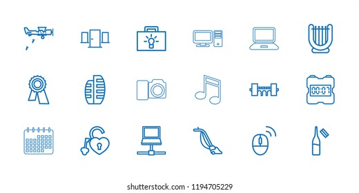 Vector outline icons such as bridge, vacuum cleaner, award, harp, ampoule, heart lock, bulb, laptop. editable modern icons for web and mobile.