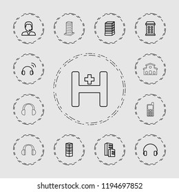 Vector outline icons such as building, business centre, headset, support, old phone. editable center icons for web and mobile.