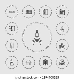 Vector outline icons such as building, plan, castle, castle tower, fence, compass. editable architecture icons for web and mobile.
