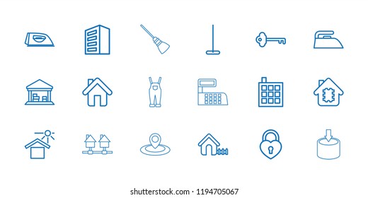 Vector outline icons such as building, mop, iron, cargo barn, heart lock, home, key, map location. editable house icons for web and mobile.