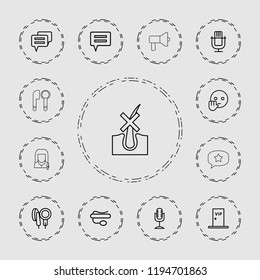 Vector outline icons such as bye emot, microphone, pin microphone, chat, vip door, no hair in skin. editable speech icons for web and mobile.