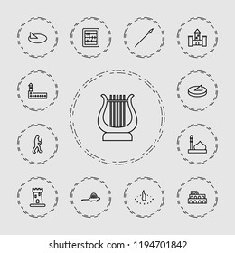 Vector outline icons such as castle, mosque, coliseum, abacus, caveman, sundial, spear, dinosaur. editable ancient icons for web and mobile.