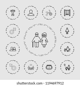 Vector outline icons such as child playground carousel, man, man and woman, swing, bodybuilder, child bicycle. editable boy icons for web and mobile.