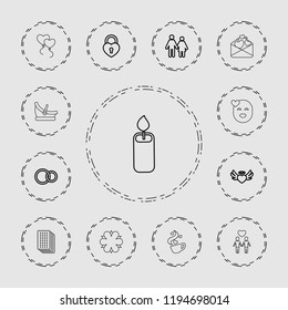 Vector outline icons such as couple, heart angel wings, heart lock, rings, flower, baby basket, kiss emot. editable love icons for web and mobile.