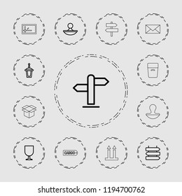 Vector outline icons such as direction   isolated, street lamp, fragile cargo, stamp, direction, parcel, box. editable post icons for web and mobile.