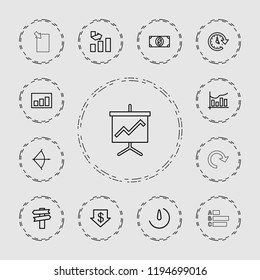 Vector outline icons such as dollar down, graph, direction, chart, stopwatch camera, time, money dollar. editable arrow icons for web and mobile.