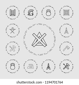 Vector  outline icons such as eiffel tower, kettle bell, barbell, screwdriver, heating system, knight. editable iron icons for web and mobile.