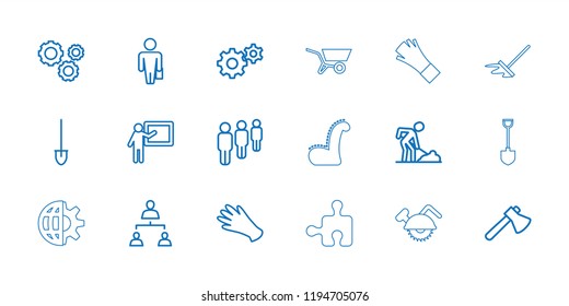 Vector outline icons such as gloves, gear, axe, digging man, man with case, teacher, shovel, group. editable work icons for web and mobile.