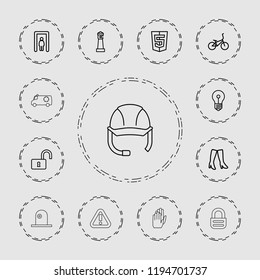 Vector outline icons such as metal gate detector, lighthouse, woman boots, opened lock, keyhole. editable safety icons for web and mobile.