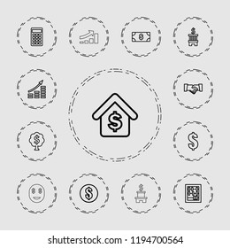 Vector  outline icons such as money, dollar, money, abacus, bank, calculator, buying a house. editable finance icons for web and mobile.