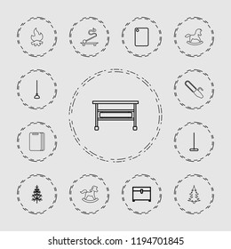 Vector outline icons such as mop, chest, hoe, pine-tree, chopping board and knife, horse toy, aroma stick. editable wood icons for web and mobile.