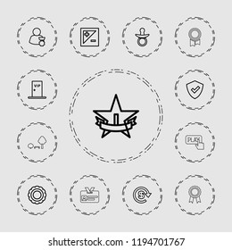 Vector outline icons such as pacifier, shield, award, light exposure, vip door, dollar, 1st place star. editable badge icons for web and mobile.