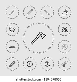 Vector  outline icons such as pencil, blade saw, saw blade, sword, saw, scissors, knife, anchor. editable sharp icons for web and mobile.