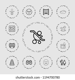 Vector outline icons such as pyramid, from toy for beach, baby shoes, backpack, sad emot. editable child icons for web and mobile.