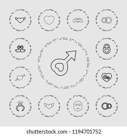 Vector outline icons such as ring, heart with wings, gear heart, rings, emot in love. editable romance icons for web and mobile.