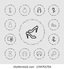 Vector  outline icons such as rose, woman hairstyle, shoe, diploma, female, dress. editable elegant icons for web and mobile.