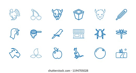 Vector  outline icons such as turkey, orange, honey, dragonfly, beetle, goat, cangaroo, parrot. editable natural icons for web and mobile.