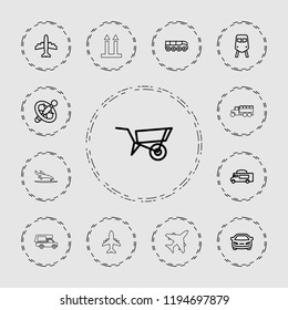 Vector  outline icons such as wheel barrow, train, plane, car, van, wheel, weapon truck. editable transport icons for web and mobile.
