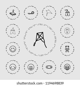 Vector outline icons such as whirligig, blush, showing tongue emot, clown, bear teddy, portable console. editable joy icons for web and mobile.