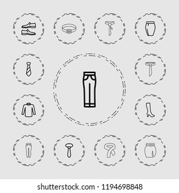 Vector  outline icons such as woman boot, man shoe, sweater, tie, woman pants, skirt. editable dress icons for web and mobile.