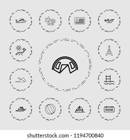 Vector  outline icons such as woman in hammock, sunbed, boat, tent, swimming ladder, ship. editable vacation icons for web and mobile.