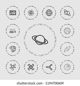 Vector outline icons such as world map, cradle, planet and satellite, atom move, planet, globe, 1 2 3. editable sphere icons for web and mobile.