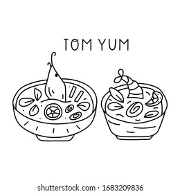 Vector outline icons - Tom yum. Hand drawn illustrations on white background.