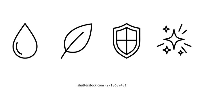 Ícones de contorno vetorial para vários conceitos: gota d'água, folha, escudo e brilhos. Representando a natureza, a proteção e a limpeza.