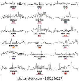 vector outline icons of world cities skylines with national flags