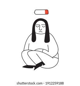 Vector outline illustration about burnout. Tired woman sitting alone on the floor. 