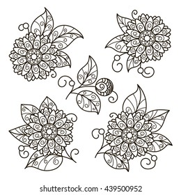 vector, outline, illustration, illustration, abstraction, blooming branch, floral, set,  element for design, coloring book, summer, doodle style