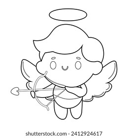 Vector outline illustration. Angel Cupid with a wings, bow and arrow. Amur, God of love.