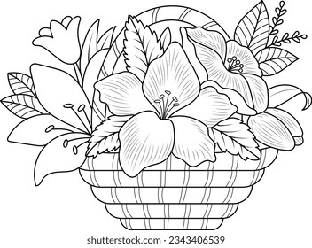 Vector outline illustration for antistress coloring book. A Vase with flower bouquet.