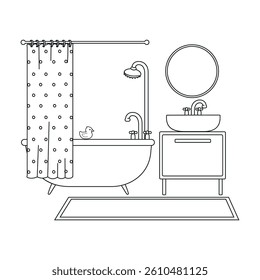 Vector Outline Illustration of Bathroom Isolated on White Background
