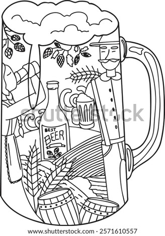 Vector outline illustration of beer mug filled with a creative scene of beer brewing elements. Doodle beer poster in a simple minimalist style.