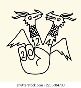 Ilustración del contorno del vector con signo de paz de la mano blanca negra y dos dragones. Símbolo chino de Año Nuevo 2024, año del dragón, afiche de impresión del calendario