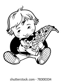 vector outline illustration of boy eating pizza