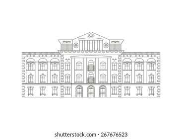 Vector Outline Illustration Of Building Facade. Historical Mansion Viewed From Front Elevation Isolated On White Background. Coloring Book Page For Adults And Children. Black Outline On White.