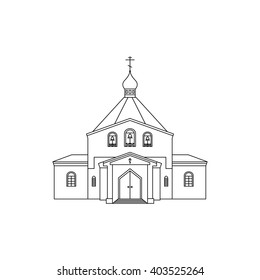Vector outline illustration of building facade. Church viewed from front elevation on white background. Coloring book page for adults and children. Black outline isolated on white.