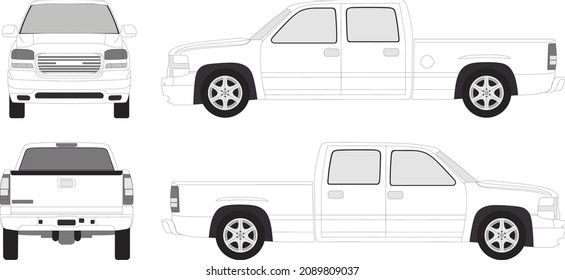 Vector outline illustration car set pick up truck isolated on white background