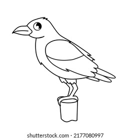 Vector Outline Illustration Of Cartoon Cute Crow Isolated On White Background. 