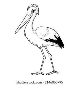 Vector outline illustration of a cartoon stork, image for coloring, isolated on white