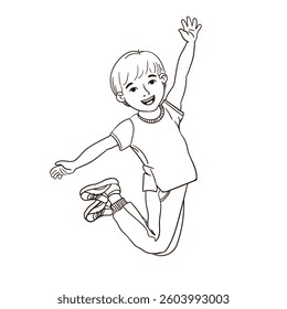 Vector Outline Illustration of Cheerful Happy Boy Jumping Isolated on White Background